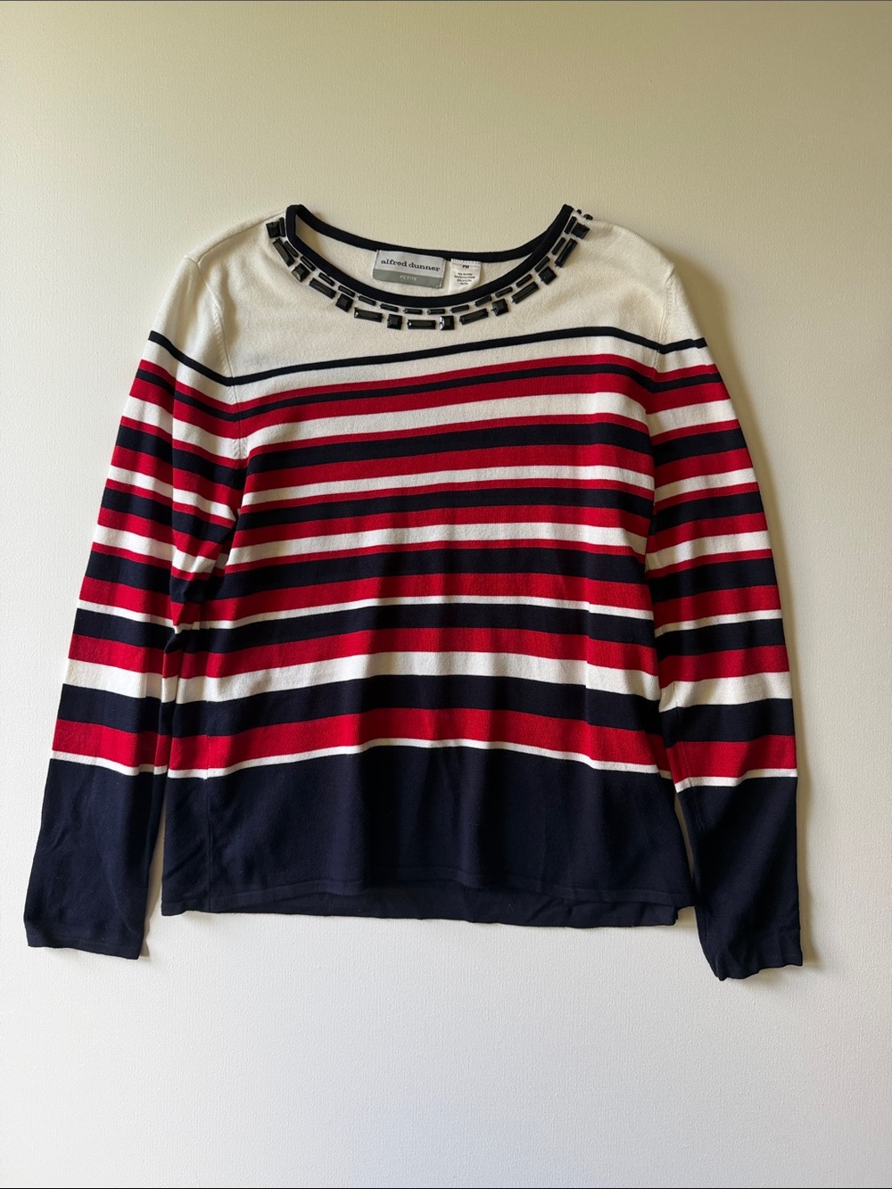 Alfred Dunner Women’s Red, Navy & Cream Striped Crewneck Sweater PM
